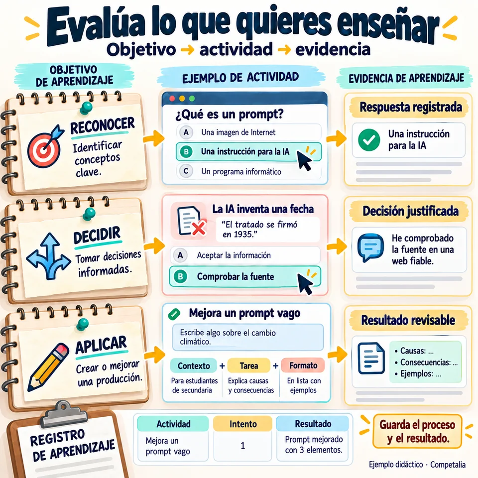 Tres objetivos se conectan con actividades diferentes: reconocer un prompt, decidir ante una fecha inventada y aplicar contexto, tarea y formato a una petición.