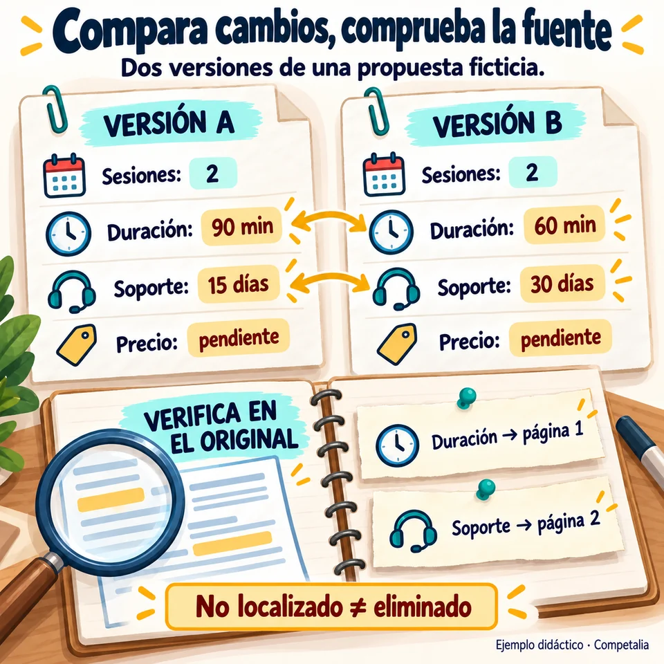 Propuestas ficticias A y B: ambas tienen dos sesiones; la duración cambia de 90 a 60 minutos y el soporte de 15 a 30 días. El precio sigue pendiente.