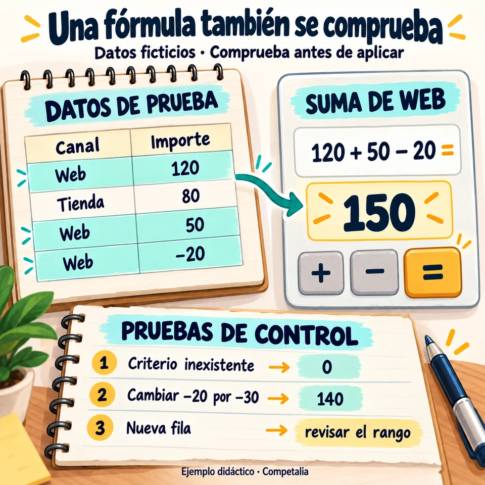 Tabla ficticia con Web 120, Tienda 80, Web 50 y Web menos 20. La suma de Web es 150. Tres controles comprueban criterio inexistente, ajuste y rango.