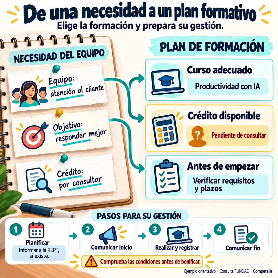Un equipo de atención al cliente prepara un plan de formación: elige productividad con IA, consulta el crédito pendiente y revisa los trámites.