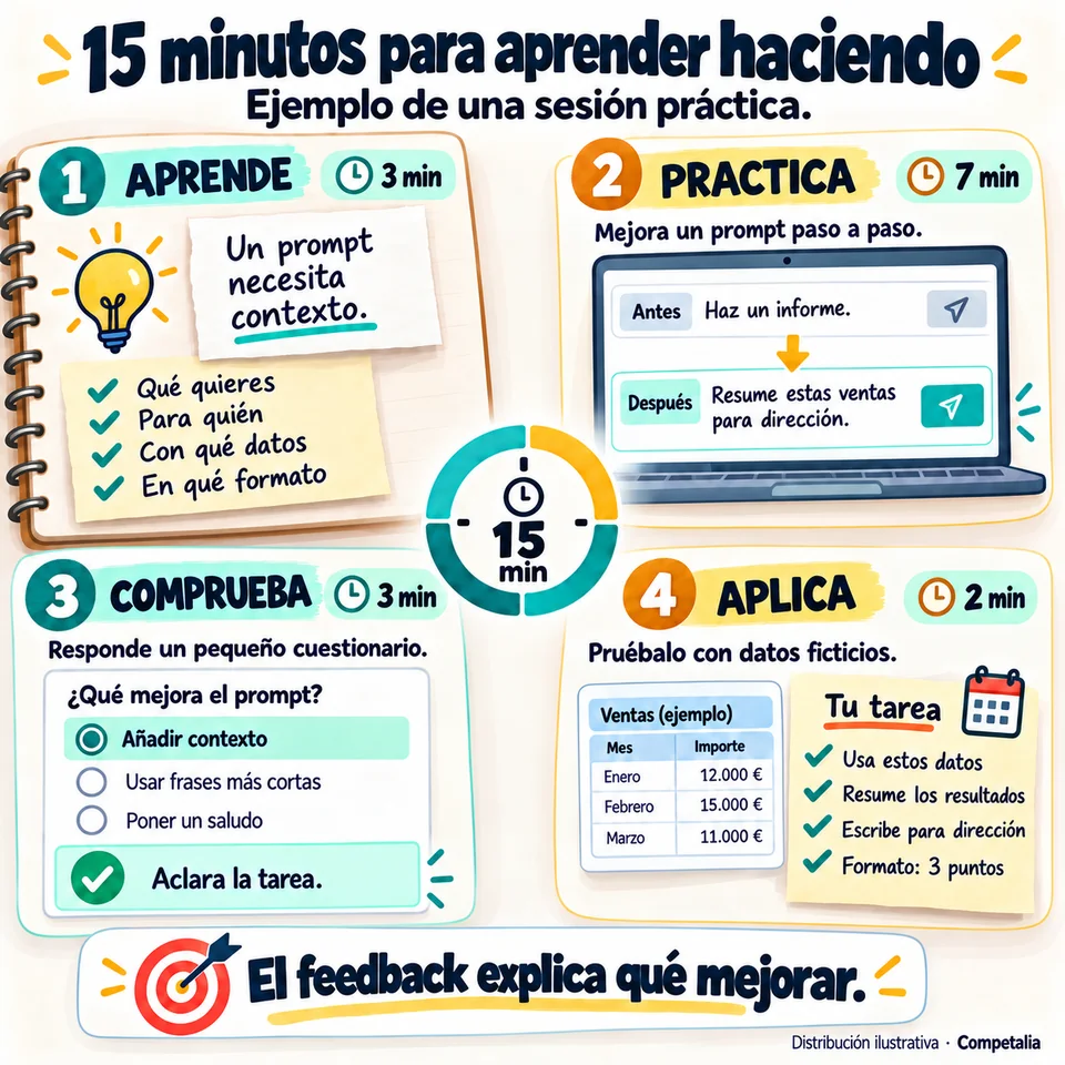 Una sesión ilustrativa reparte 15 minutos entre aprender 3, practicar 7, comprobar 3 y aplicar 2, con un ejemplo de mejora de prompts y feedback.