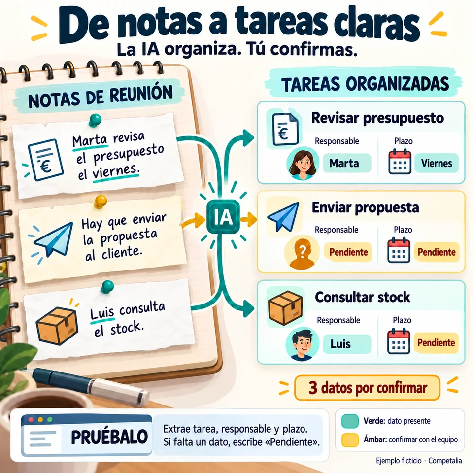 Tres notas de reunión se convierten en tareas: Marta revisa presupuesto el viernes; faltan responsable y plazo de la propuesta, y el plazo de la consulta de stock de Luis.